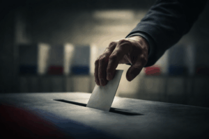 A close-up of a hand hovering above a ballot paper being inserted into a ballot box. The background shows a dimly lit, out-of-focus polling station with muted colours, creating a mood of frustration and delayed elections.